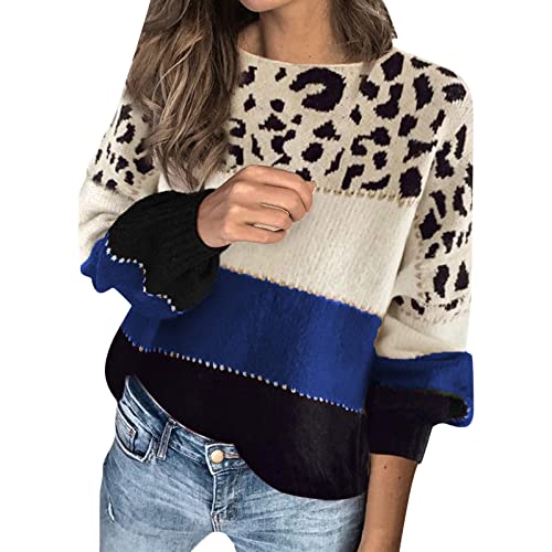 Pullover Damen Leopard Strickpullover Langarm Rundhals Sweater Patchwork Sweatshirt Herbst Winter Elegant Norweger Pulli Warme Lose Jumpers Blusen Oberteile Tops von Generic