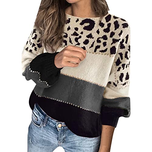 Pullover Damen Leopard Strickpullover Langarm Rundhals Sweater Patchwork Sweatshirt Herbst Winter Elegant Norweger Pulli Warme Lose Jumpers Blusen Oberteile Tops von Generic