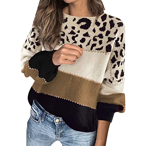Pullover Damen Leopard Strickpullover Langarm Rundhals Sweater Patchwork Sweatshirt Herbst Winter Elegant Norweger Pulli Warme Lose Jumpers Blusen Oberteile Tops von Generic