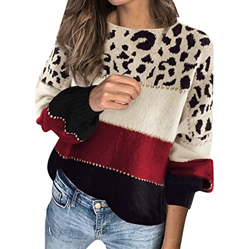 Pullover Damen Leopard Strickpullover Langarm Rundhals Sweater Patchwork Sweatshirt Herbst Winter Elegant Norweger Pulli Warme Lose Jumpers Blusen Oberteile Tops von Generic