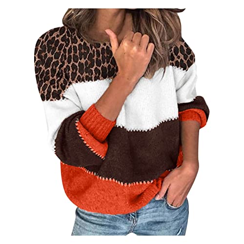 Pullover Damen Leopard Strickpullover Langarm Rundhals Sweater Patchwork Sweatshirt Herbst Winter Elegant Norweger Pulli Warme Lose Jumpers Blusen Oberteile Tops von Generic