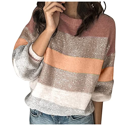Pullover Damen Leopard Strickpullover Langarm Rundhals Sweater Patchwork Sweatshirt Herbst Winter Elegant Norweger Pulli Warme Lose Jumpers Blusen Oberteile Tops von Generic