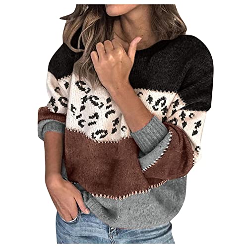 Pullover Damen Leopard Strickpullover Langarm Rundhals Sweater Patchwork Sweatshirt Herbst Winter Elegant Pulli Warme Lose Blusen Oberteile Tops von Generic
