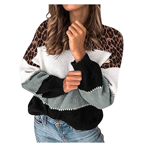 Pullover Damen Leopard Strickpullover Langarm Rundhals Sweater Patchwork Sweatshirt Herbst Winter Elegant Pulli Warme Lose Blusen Oberteile Tops von Generic