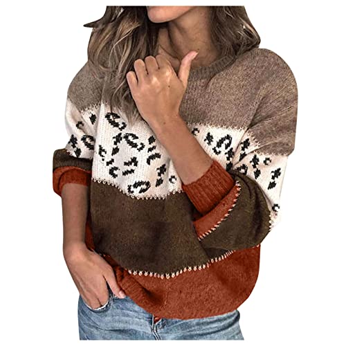Pullover Damen Leopard Strickpullover Langarm Rundhals Sweater Patchwork Sweatshirt Herbst Winter Elegant Pulli Warme Lose Blusen Oberteile Tops von Generic