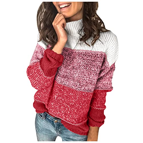 Pullover Damen Leopard Strickpullover Langarm Rundhals Sweater Patchwork Sweatshirt Herbst Winter Elegant Pulli Warme Lose Blusen Oberteile Tops von Generic