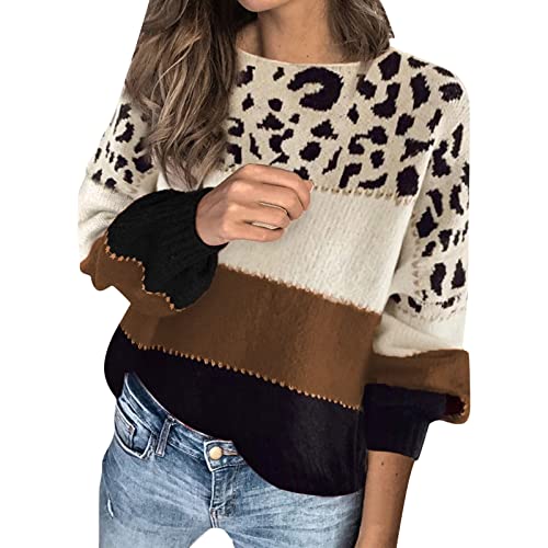 Pullover Damen Leopard Strickpullover Langarm Rundhals Sweater Patchwork Sweatshirt Herbst Winter Elegant Pulli Warme Lose Blusen Oberteile Tops von Generic