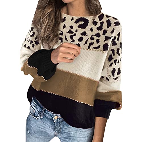 Pullover Damen Leopard Strickpullover Langarm Rundhals Sweater Patchwork Sweatshirt Herbst Winter Elegant Pulli Warme Lose Blusen Oberteile Tops von Generic