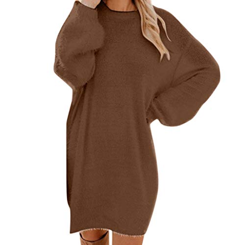 Pullover Damen Longpullover Oversize Sweatshirt-Kleid Lose Langarm Winterkleid mit Fledermaus, Warme Pulloverkleid SchöNe Pullis BeiläUfige Rundhals Modische Shirtkleid, Braun, 3XL von Generic