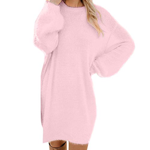 Pullover Damen Longpullover Oversize Sweatshirt-Kleid Lose Langarm Winterkleid mit Fledermaus, Warme Pulloverkleid SchöNe Pullis BeiläUfige Rundhals Modische Shirtkleid, M, Rosa von Generic