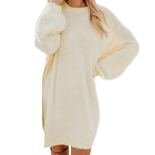 Pullover Damen Longpullover Damen Oversize Sweatshirt-Kleid Lose Langarm Winterkleid mit Fledermaus, Warme Pulloverkleid SchöNe Pullis BeiläUfige Rundhals Pullover Modische Shirtkleid, Beige, 3XL von Generic