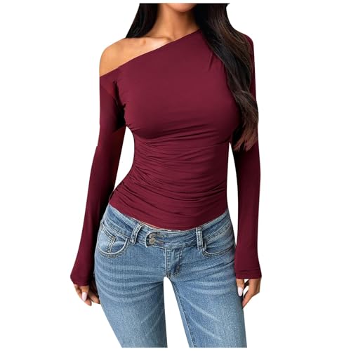 Pullover Damen Off Shoulder, Langarmshirt Damen Elegant Tshirt Schulterfrei Einfarbige Casual Slim Fit T-Shirts Winter Basic Shirt Oberteile Modische Bluse Klassische Tops für Frauen von Generic