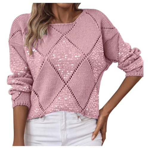 Pullover Damen Oversize mit Pailletten Rundhals Strickpullover Langarm Karierte Pulli Klassisch Sweater Freizeit Langarmshirt Pullover für Damen Business Oberteile von Generic