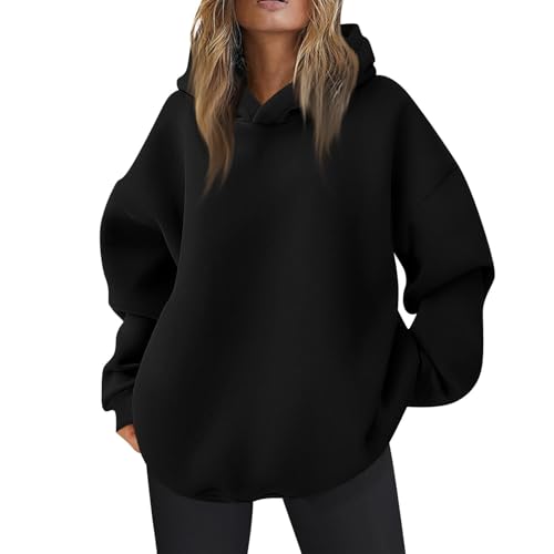 Pullover Damen Oversized Kapuzenpullover Fleece Gefütterte Pullover Sport Langarm Sweatshirt mit Kapuze Einfarbig Basic Hoodies,Schwarz,M von Generic