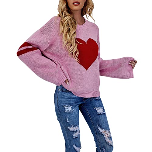 Pullover Damen Rundhals, Damen Strickpullover mit Herz Drucken Pulli Winterpullover Strickpulli Elegant Casual Langarmshirt Herbst Winter Warme Sweater für Frauen Teenager Mädchen von Generic