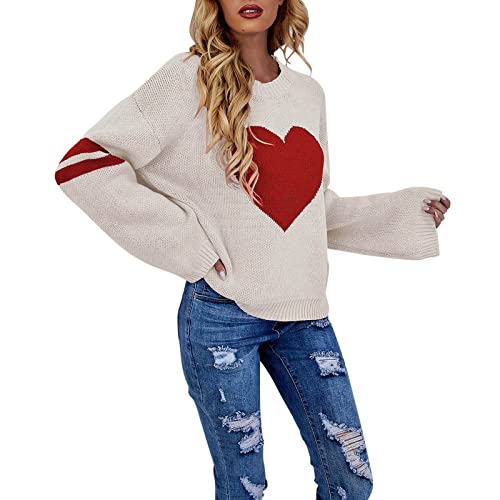 Pullover Damen Rundhals, Damen Strickpullover mit Herz Drucken Pulli Winterpullover Strickpulli Elegant Casual Langarmshirt Herbst Winter Warme Sweater für Frauen Teenager Mädchen von Generic