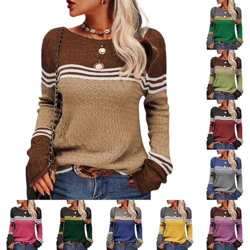 Pullover Damen Rundhals Strickpullover Elegant Pullover für Damen Freizeit Sweatshirt Farbblock Winterpullover Gestrickter Sweater Pulli Warme Bequem Autumn Winter Oberteile von Generic