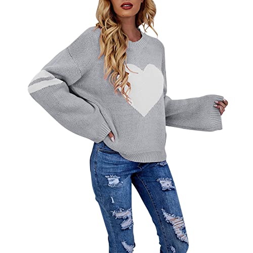 Pullover Damen Rundhals Strickpullover mit Herz Drucken Pulli Winterpullover Strickpulli Elegant Casual Langarmshirt Herbst Winter Warme Sweater für Frauen Teenager Mädchen von Generic