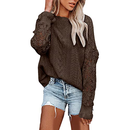 Pullover Damen Schwarz - LäSsige Bluse FüR Spitze HäKeln Langarm Pullover Mit Rundhalsausschnitt Winter Strickpullover Pullover Tops Alpaka Sweatshirt von Generic
