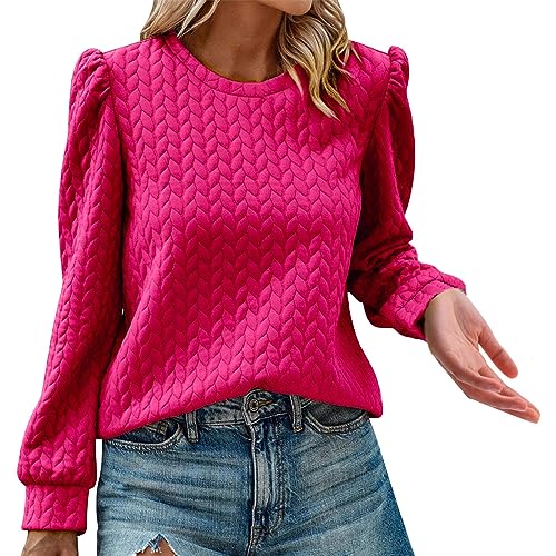 Pullover Damen Sexy Damen-Puff-Langarm-Sweatshirt mit Rundhalsausschnitt, lockere Pullover-Oberteile Schwarze Damen Elegant (Hot Pink, L) von Generic