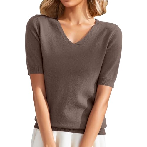 Pullover Damen Sommer Kurzarm Bluse Elegante Einfarbig Strickpullover V-Ausschnitt Tops Bequeme Gestrickte Oberteile Cropped Slim Fit Y2K Damenblusen Kurzarmshirt Basic Sweatshirt von Generic