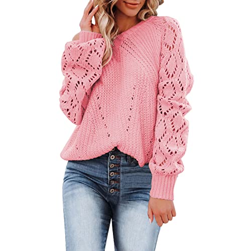 Pullover Damen Spitze Strickpullover Lässige Rundhals Langarm Aushöhlen Design Häkelpullover Elegante Einfarbig Stricktop Oberteile Stricken Langarmshirt Sweatshirt Tops(A Rosa,L) von Generic