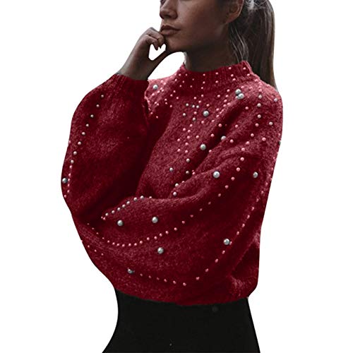 Pullover Damen Stehkragen Strickpullover Oversize Pulli Langarm mit Perle Rundhals Warm Dicker Strickpulli Gestrickte Tops Strick Shirt Sweater für Frauen Herbst Winter von Generic