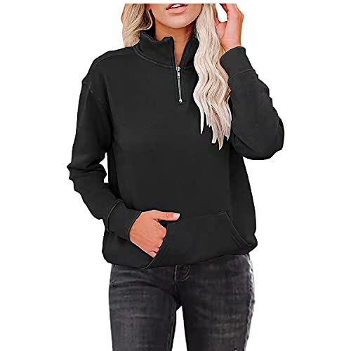 Pullover Damen Stehkragen Zip Up Sweatshirt Ohne Kapuze Langarmshirrt Sweatpullover mit Taschen V Ausschnitt Warm Langarm T-Shirt Einfarbig Oberteil Sweatshirts für Damen Herbst Winter von Generic