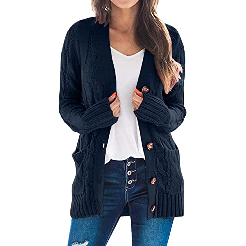 Pullover Damen Strickjacke Damen Knopf Grobstrick Strickmantel Strickcardigan Einfarbig Winter Oversize Lässiges Strick Langarm Cardigan Open Front Outwear Sweater mit Tasche von Generic