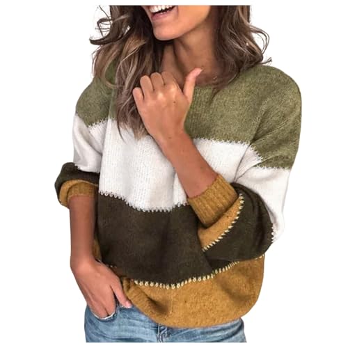 Pullover Damen Strickpullover Winter Color Block Streifen Damen Strickpullover Langarm Sweater Oversize Rundhals Pullover Damen Tops Mode Warm von Generic