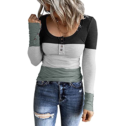 Pullover Damen Strickpullover mit Knöpfen,Henley T Shirt Damen Langarm,Basic Langarmshirt Damen V Ausschnitt Gestricktes Sweatshirt T-Shirt Sweater Pulli Oberteile Tunika Top Bluse Strickshirt von Generic