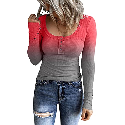 Pullover Damen Strickpullover mit Knöpfen,Henley T Shirt Damen Langarm,Basic Langarmshirt Damen V Ausschnitt Gestricktes Sweatshirt T-Shirt Sweater Pulli Oberteile Tunika Top Bluse Strickshirt von Generic