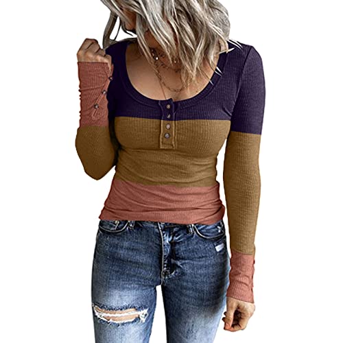 Pullover Damen Strickpullover mit Knöpfen,Henley T Shirt Damen Langarm,Basic Langarmshirt Damen V Ausschnitt Gestricktes Sweatshirt T-Shirt Sweater Pulli Oberteile Tunika Top Bluse Strickshirt von Generic