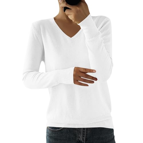 Pullover Damen Sweater | Langarm-Pullover Regular-Fit Leichte Strickpullover V-Ausschnitt Winterpullover für Herbst XL White von Generic