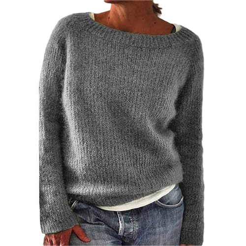 Pullover Damen Sweatshirt Elegant Strickpullover Rundhals Pulli mit Aufdruck Bequem Wollpullover Langarm Große Größen Norwegermuster Warme Winterpullover Oberteile Sweater B38Z Grau XXL von Generic