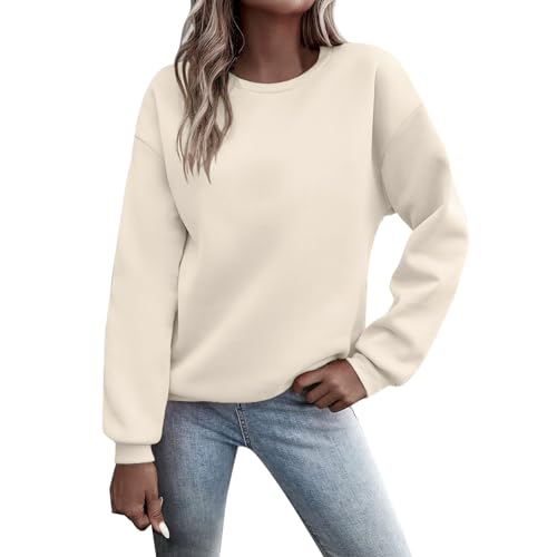 Pullover Damen Sweatshirt Langarm Rundhals Pulli Herbst Winter Frauen Locker Casual Oberteil Sport Streetwear Sweatshirts ohne Kapuze Langarmshirt (1123#03-Beige, M) von Generic