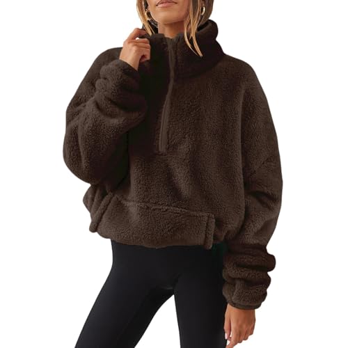 Pullover Damen Teddy Fleece Langarmshirt Flauschig Fleecepullover Leichte Sweatshirt Bequeme Weiche Bluse Winter Oberteile Half Zip Tops Stehkragen Shirt Einfarbig Winterpullover Langarm Pulli von Generic