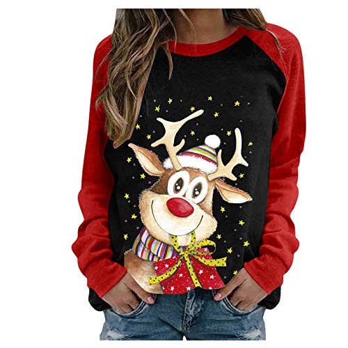 Pullover Damen Weihnachtspullover Große Größen Winter Langarm Rundhals Sweatshirt mit Weihnachtsmotiv Rentier Drucken Lose Bluse Oberteil für Weihnachten Party, 3XL, Schwarz von Generic