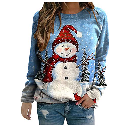 Pullover Damen Weihnachtspullover Große Größen Winter Langarm Rundhals Sweatshirt mit Weihnachtsmotiv Rentier Drucken Weihnachtspulli Lose Bluse Oberteil für Weihnachten Party, Blau5, 3XL von Generic