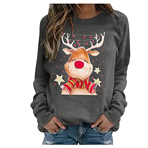 Pullover Damen Weihnachtspullover Große Größen Winter Langarm Rundhals Sweatshirt mit Weihnachtsmotiv Rentier Drucken Weihnachtspulli Lose Bluse Oberteil für Weihnachten Party, Grau7, M von Generic