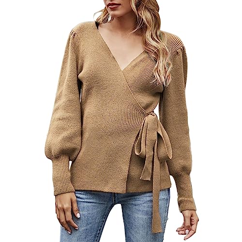 Pullover Damen Winter Damen-Wickelpullover mit V-Ausschnitt, Ballonärmel, Gerippter Strickpullover, Oberteil zum Binden vorne, für Herbst und Winter M 40 (Khaki, M) von Generic