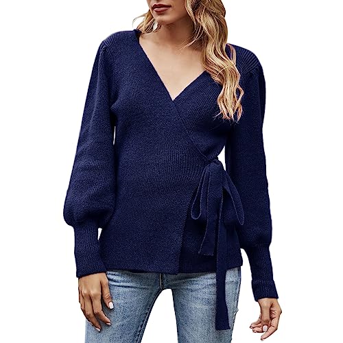 Pullover Damen Winter Damen-Wickelpullover mit V-Ausschnitt, Ballonärmel, Gerippter Strickpullover, Oberteil zum Binden vorne, für Herbst und Winter M 40 (Navy, XL) von Generic