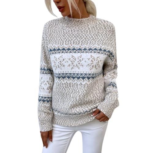 Pullover Damen Winter Elegant, Rollkragenpullover Damen mit Vintage Muster, Casual Langarm Winterpullover Damen Thermo Strickpullover Damen Frühling Herbst Kuschel Wollpullover Damen, Beige XXL von Generic