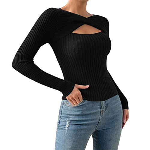 Pullover Damen Winter -Strickpullover Damen Eng Strickpulli Herbst Cut Out Langarmshirt Sexy Pulli Langarm Winterpulli Einfarbig Oberteil Slim Fit Tops Y2K Sweatshirt für Frauen Herbst von Generic