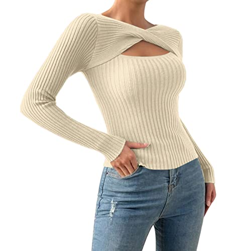 Pullover Damen Winter -Strickpullover Damen Eng Strickpulli Herbst Cut Out Langarmshirt Sexy Pulli Langarm Winterpulli Einfarbig Oberteil Slim Fit Tops Y2K Sweatshirt für Frauen Herbst von Generic