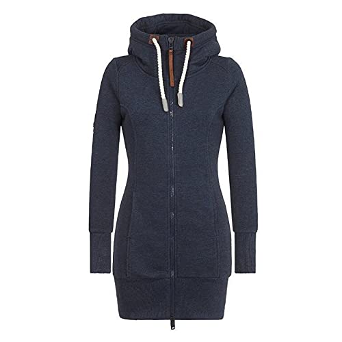 Pullover Für Damen - Damen Lang Schwarz Zipper Übergangsjacke mit Kapuze Hoodie Große Größen Herbstjacke Kapuzenjacke Ausgefallene Winterjacke Wanderjacke Jacken Hoody (Marine, L) von Generic