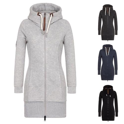 Pullover Für Damen - Damen Lange Kapuzenpullover Zipper Hoodie Herbst Winter Pulli Sweatjacke mit Reißverschluss (01 Silber, XXL) von Generic