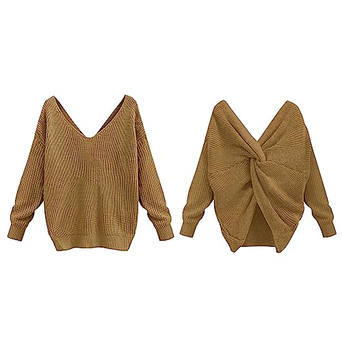 Pullover Glitzer Damen Zweiteiliger Damen-Strickpullover mit V-Ausschnitt und geknotetem Rückenausschnitt von Topdacron Bluse Damen Winter Elegant (Gold, M) von Generic