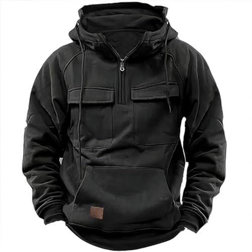 Pullover Herren 1/4 Zip Hoodie Fleecepullover Cargo Arbeitspullover mit MultiTaschen Kapuzenpullover Vintage Hoodies Sweatshirt mit Fleece Übergangsjacke Winter Hoody Herrenpullover von Generic