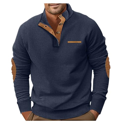Pullover Herren Cord Sweatshirt Waffel Herbst Winter Men's Sweatshirt Ohne Kapuze Langärmeliges Mit 1/4 Knopf Kragen Ellenbogen Patches Arbeitspullover Lässiger Pulli Streetwear Für Männer Stehkragen von Generic